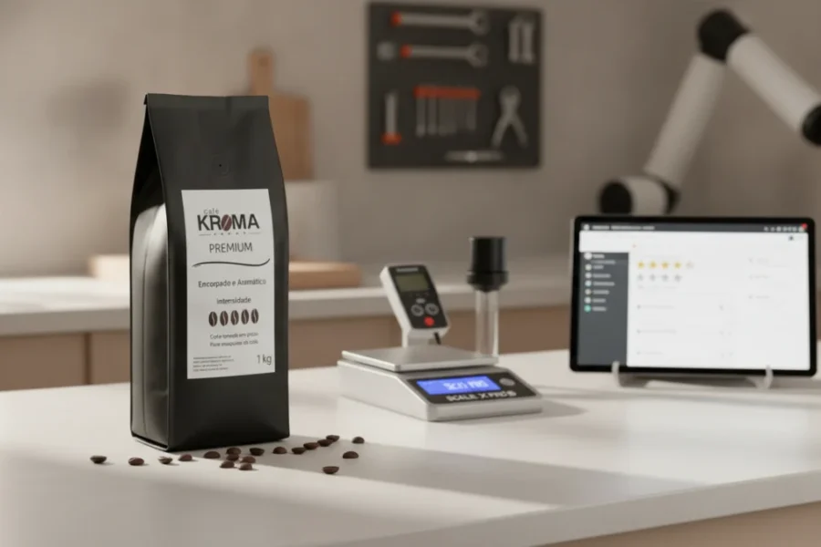 Pacote de Café Kroma Premium Torrado em Grãos Vending 1kg em uma bancada.