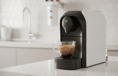 Cafeteira 3 Corações TRES Passione Branca com café em cozinha clara.