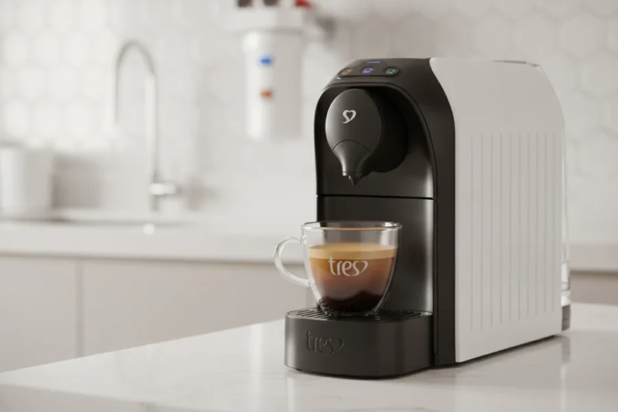 Cafeteira 3 Corações TRES Passione Branca com café em cozinha clara.