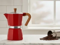 Cafeteira Italiana Moka vermelha em bancada, com grãos de café e janela ao fundo.