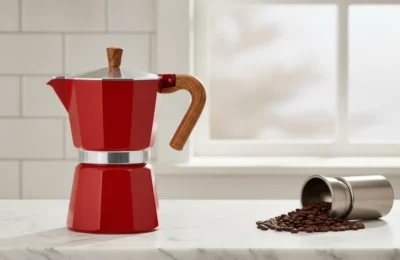 Cafeteira Italiana Moka vermelha em bancada, com grãos de café e janela ao fundo.