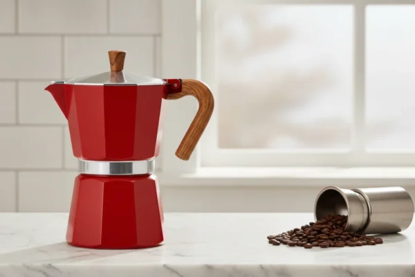 Cafeteira Italiana Moka vermelha em bancada, com grãos de café e janela ao fundo.