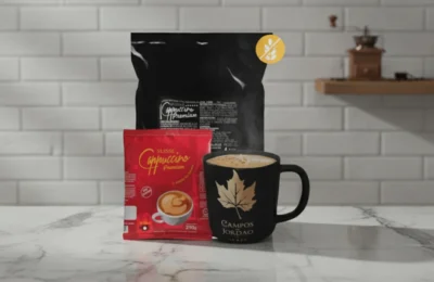 Embalagens de Cappuccino Del Altezze e caneca preta em uma cozinha estilosa.