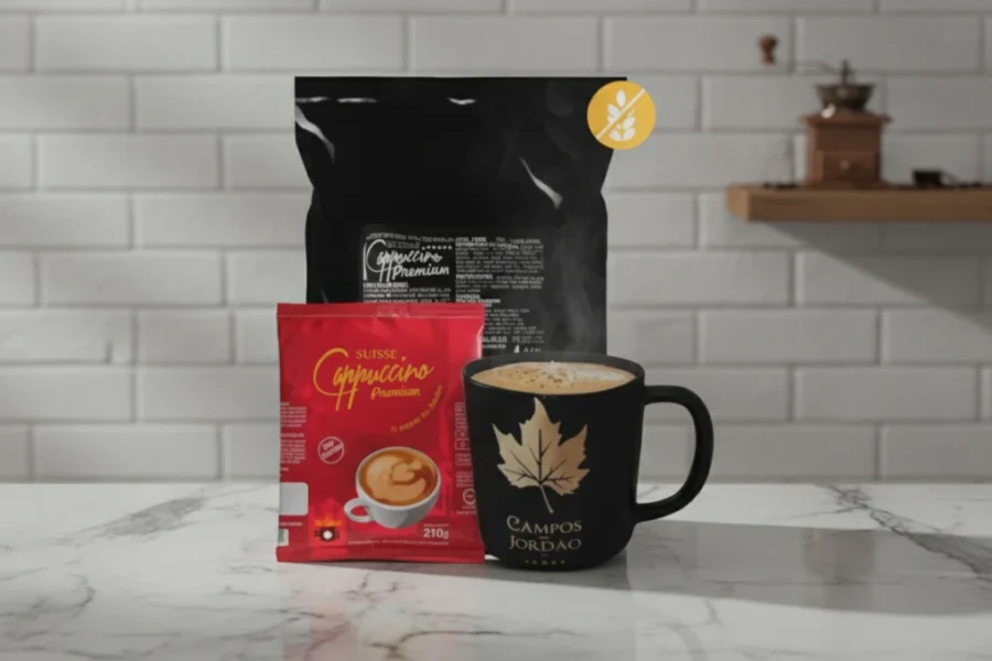 Embalagens de Cappuccino Del Altezze e caneca preta em uma cozinha estilosa.