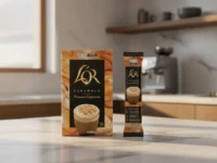 Cappuccino L'OR Caramelo em sua embalagem e sachê na bancada da cozinha.