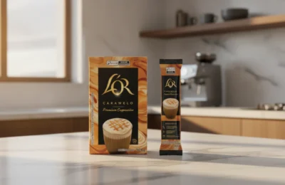 Cappuccino L'OR Caramelo em sua embalagem e sachê na bancada da cozinha.