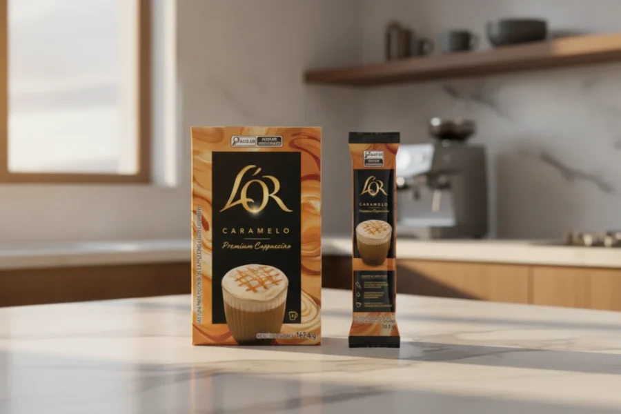 Cappuccino L'OR Caramelo em sua embalagem e sachê na bancada da cozinha.