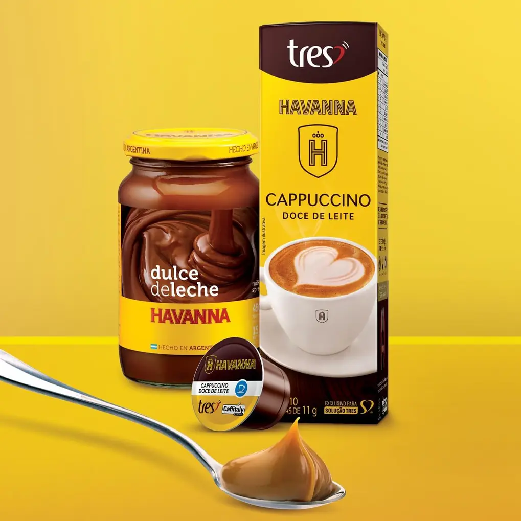 Detalhe de uma cápsula de Cappuccino Doce de Leite Havanna TRES