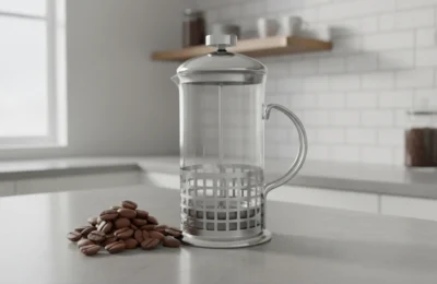 Imagem em um novo cenário gerado por IA - Cafeteira Prensa Francesa