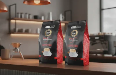 Kit 2 Capuccino Utam Tradicional com Canela em embalagens pretas, no balcão de uma cafeteria.