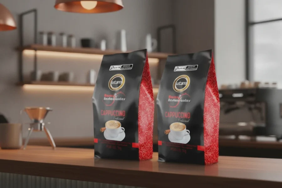 Kit 2 Capuccino Utam Tradicional com Canela em embalagens pretas, no balcão de uma cafeteria.