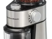 Moedor de Café Plus Hamilton Beach Inox Doméstico Inox, com corpo em aço inoxidável e detalhes em preto, visto de frente.