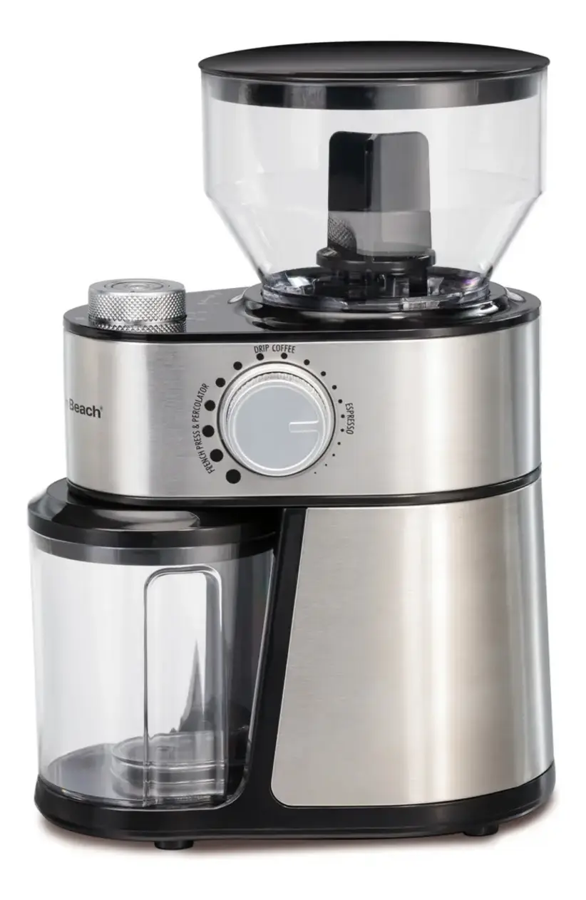 Moedor de Café Plus Hamilton Beach Inox Doméstico Inox com grãos de café sendo adicionados à câmara de moagem.