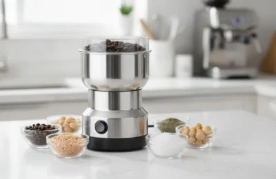 Moedor de Café Elétrico Inox na bancada da cozinha com grãos e temperos ao redor.