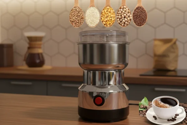 Moedor de Café Elétrico Inox em uma bancada de cozinha, com grãos e café.