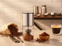 Moedor de Café Elétrico USB em uma bancada de review de produtos.