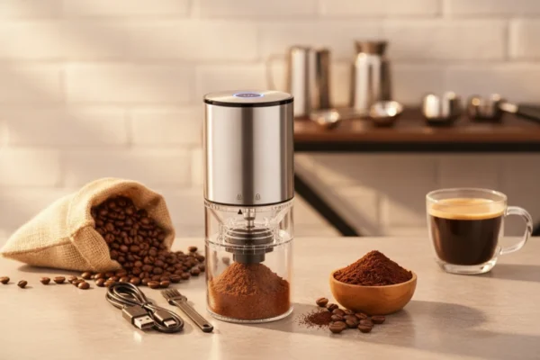 Moedor de Café Elétrico USB Vale a Pena? Review Completo 7 Moedor de Café Elétrico USB em uma bancada de review de produtos.