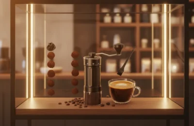 Moedor de Café Manual MC-40CER em exposição, com café e grãos, em cafeteria.