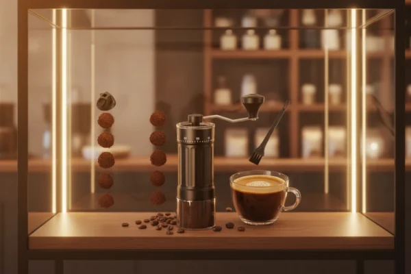 Moedor de Café Manual MC-40CER em exposição, com café e grãos, em cafeteria.