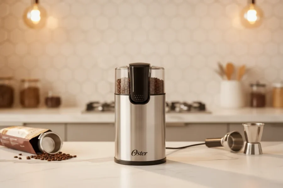 Moedor De Café Oster Inox OMDR na bancada da cozinha com grãos espalhados.