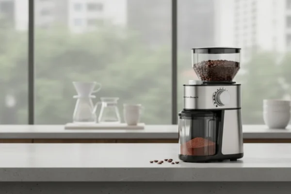 Moedor Hamilton Beach Inox é bom? Ela Muda Seu Café! 7 Moedor Hamilton Beach Inox na bancada da cozinha com vista para a cidade.