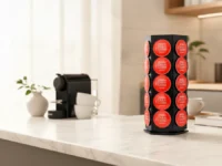 Porta Cápsulas Giratório em cozinha moderna, com cafeteira ao fundo.