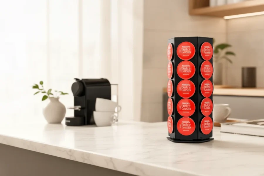 Porta Cápsulas Giratório em cozinha moderna, com cafeteira ao fundo.