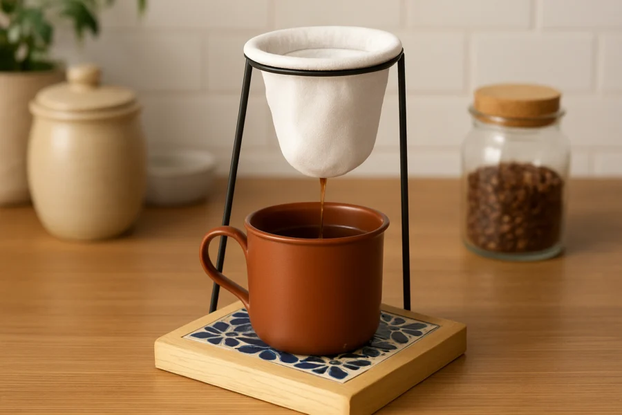Coador de Café Artesanal com Suporte, Xícara e Filtro Reutilizável